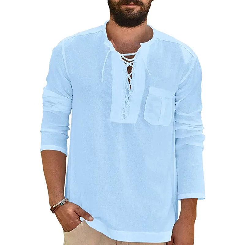 Mens Linen Cotton T Shirts Long Sleeve Casual Beach Hippie Yoga Tees