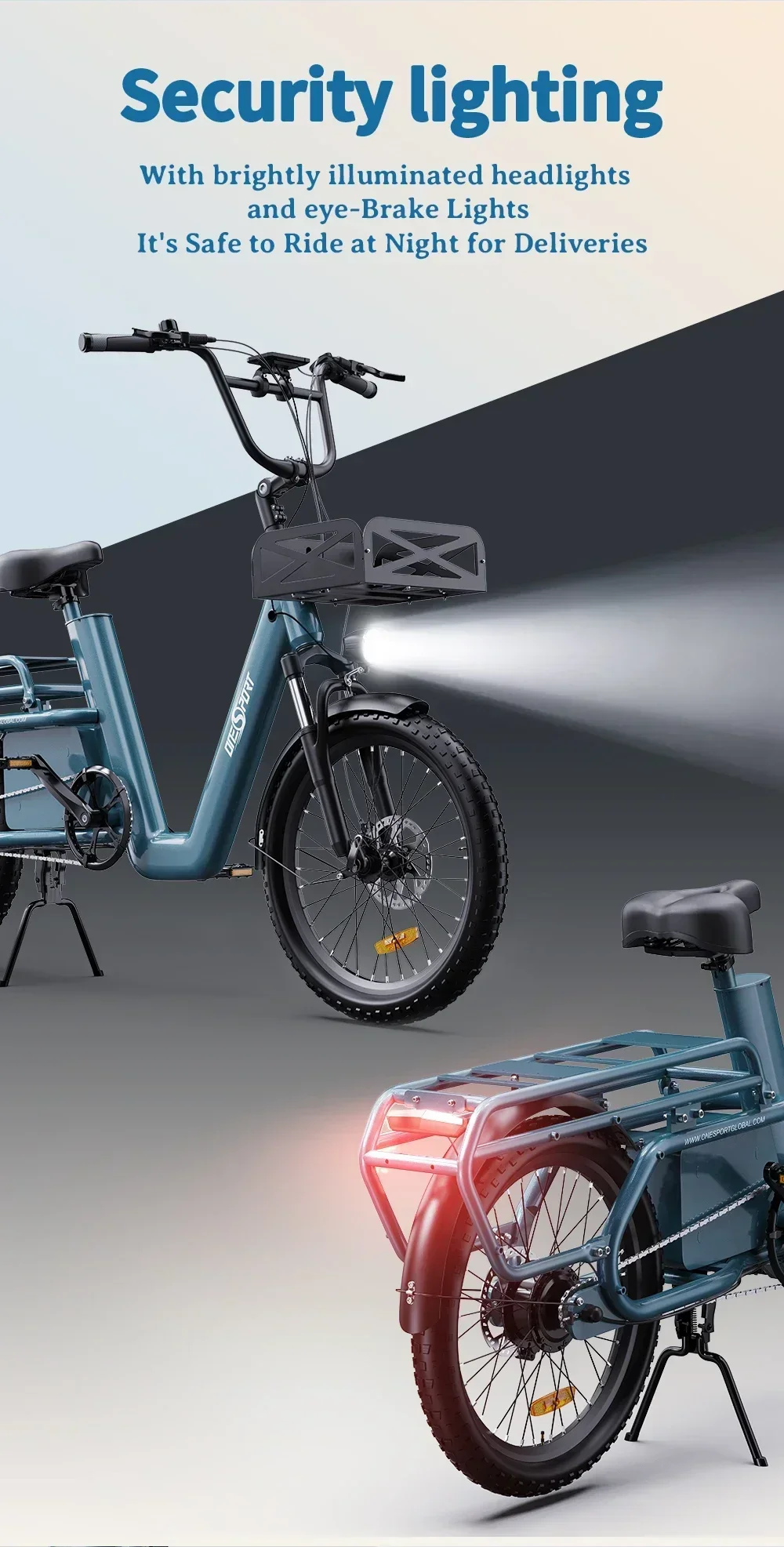 ONESPORT OT01 Electric Cargo Bike 650W Motor 48V 27Ah Battery 20*2.6-inch Tire E-Bike 25km/h Max Speed 100km Max Range S1f81472f85d2425abc3d27a672296f303