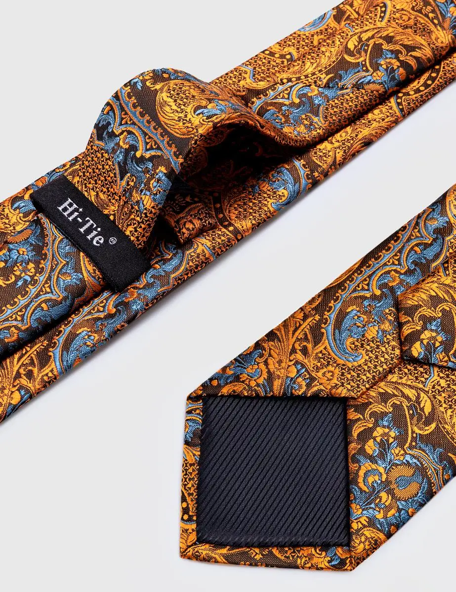 Hi-Tie Silk Mens Ties Floral Black Gold Ties Paisley NeckTie Pocket Square Cufflinks Set Men's Wedding Party Tie
