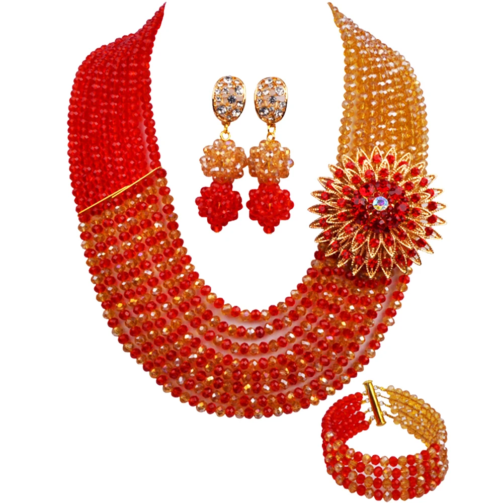 

Red and Champagne Gold AB Crystal African Beads Jewelry Set