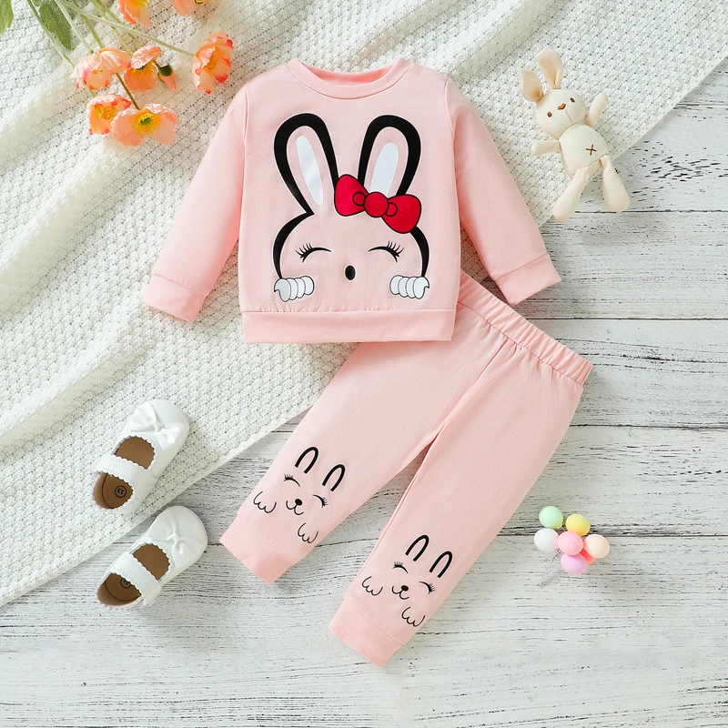 

Suefunskry Baby Girls Easter Outfit, Bunny Print Long Sleeve Crew Neck Sweatshirt with Elastic Waist Sweatpants Spring Fall Set