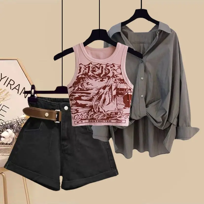 Spring/Summer Set Women's 2024 New Retro Versatile Slimming Shirt Tank Top High Waist Shorts Age Reducing Three Piece Set