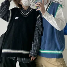 

FOR Sweater Vest Men V-neck Shrug Patchwork Knitted Couples Ins Plus Size 3XL Oversize Vests Ins Chic Korean Style Leisure