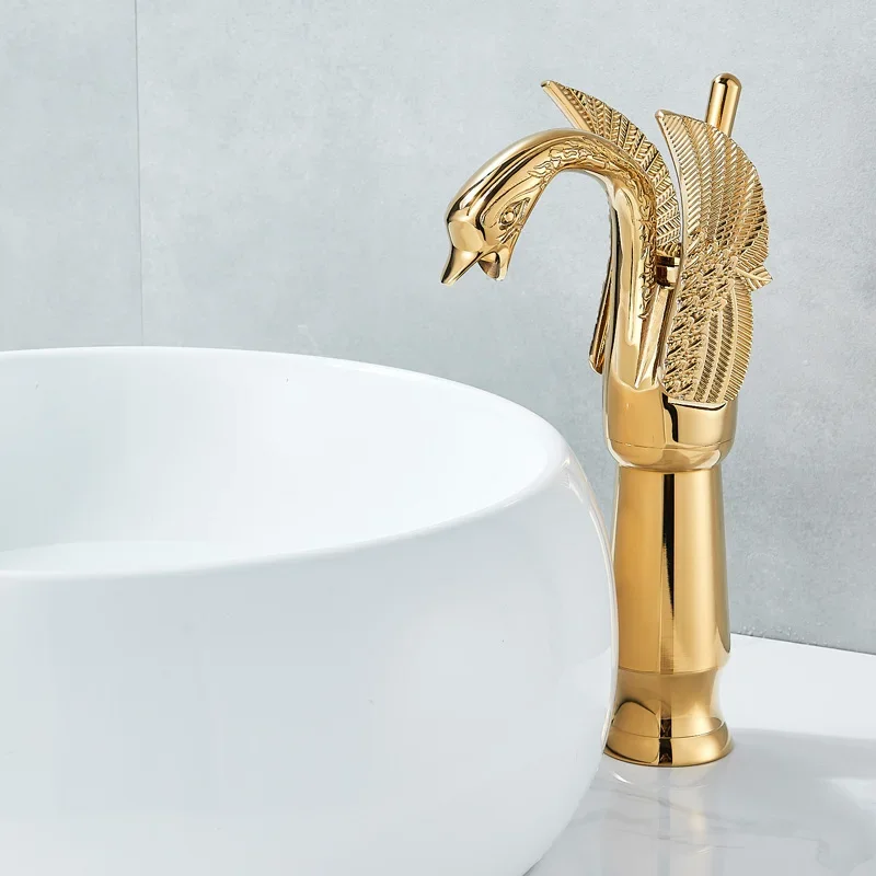 

Vidric Swan Shape Bathroom Mixer Faucet Tap Deck Mount One Hole Water Taps With Hot Cold Water Golden Color Basin Faucet One Han