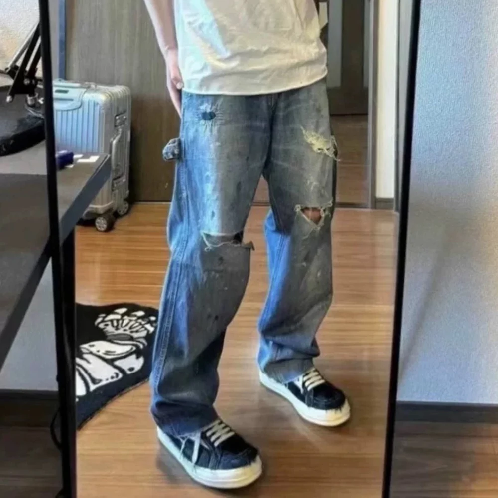 High Street Hole Distressed Splashed Ink Baggy Jeans for Men Straight Ripped Casual Loose Denim Trousers Oversized Unisex Cargos