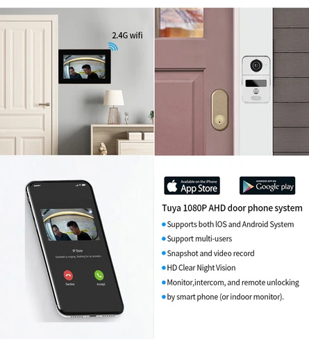 투야 스마트 와이파이 비디오 초인종 홈 인터콤 전화, 1080P RFID 무선 도어 뷰어 카메라 인터콤, 7 인치 화면 모션 녹화 3