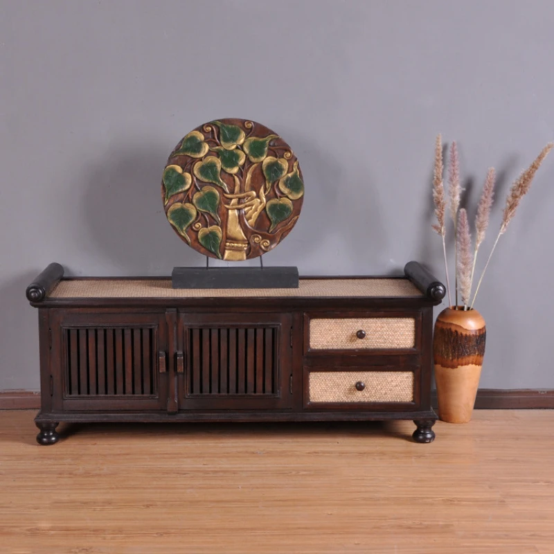 

New Thai Furniture Southeast Asian Style Wood Carved Painted Floor Cabinet TV Cabinet