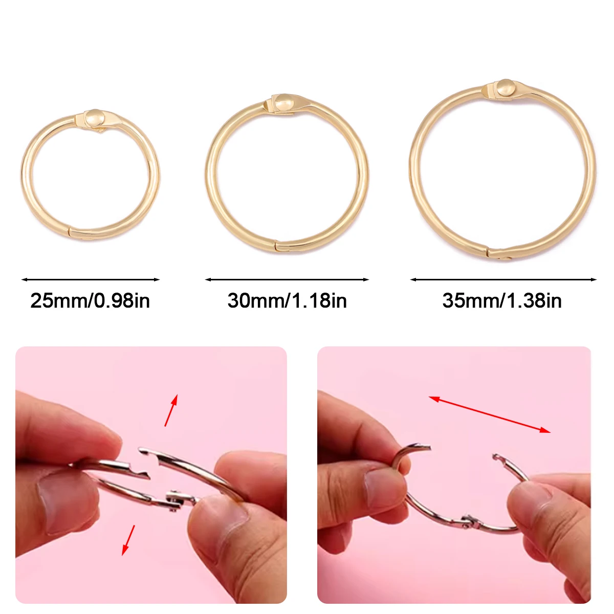 5Pcs Alloy Binder Rings Set Assorted Sizes Gold Color Loose Leaf Rings Multipurpose Book Rings for Office School DIY Crafts