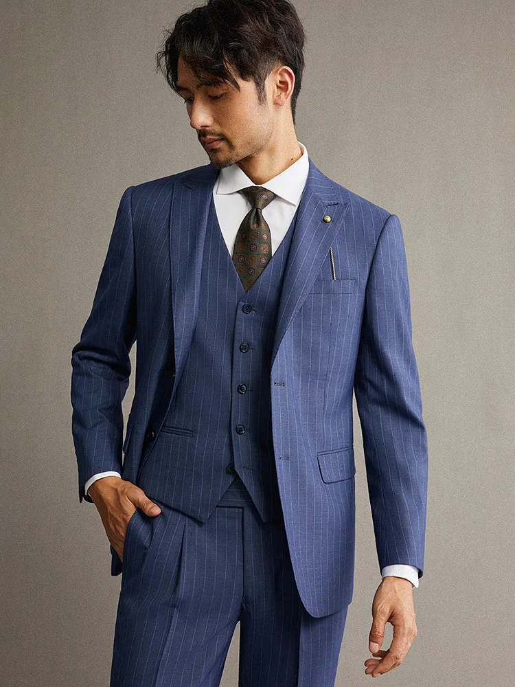 

Suits For Men Deep Blue Stripe Blazer Vest Pant Set Single Breasted Slim Fit 2022 Spring Wedding Groom Clothing Leisure Style 58