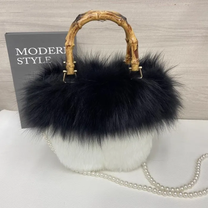 Real Fox Fur Bag Woman Crossbody Bags Ladies Furry Casual Fur Handbag Shoulder Bags Clutch Bag Fuzzy Luxury Evening Party Bag