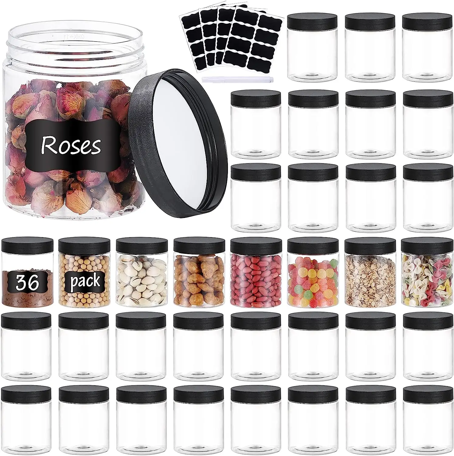

36PCS 8OZ Plastic Jars with Screw On Lids, Pen and Labels Refillable Empty Round Slime Cosmetics Containers for Storing