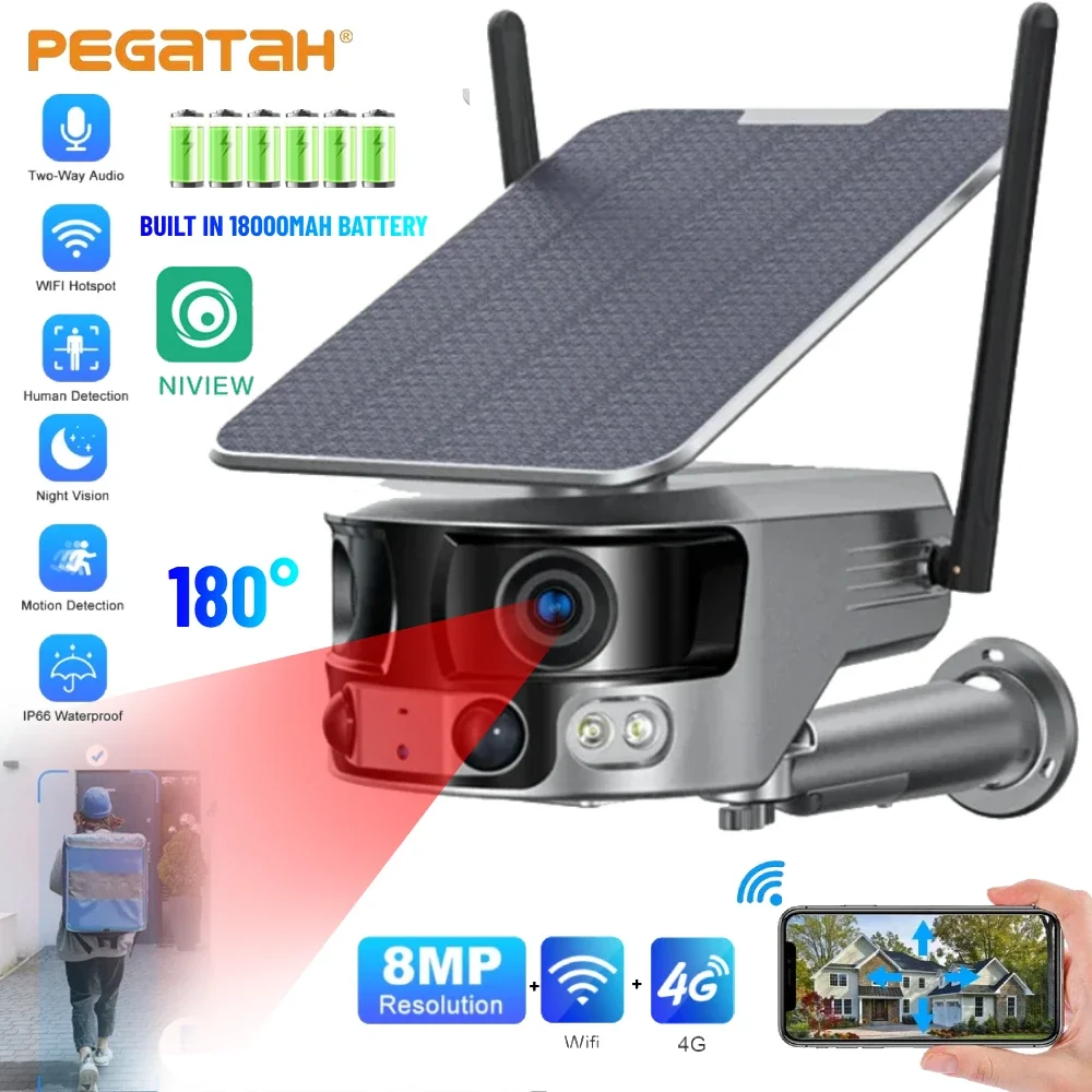 PEGATAH 4K 8MP Solar Camera Dual Lens 4G WIFI Camera 180° Ultra Wide View PIR Human Detection Security Camera Two-way Audio Cam