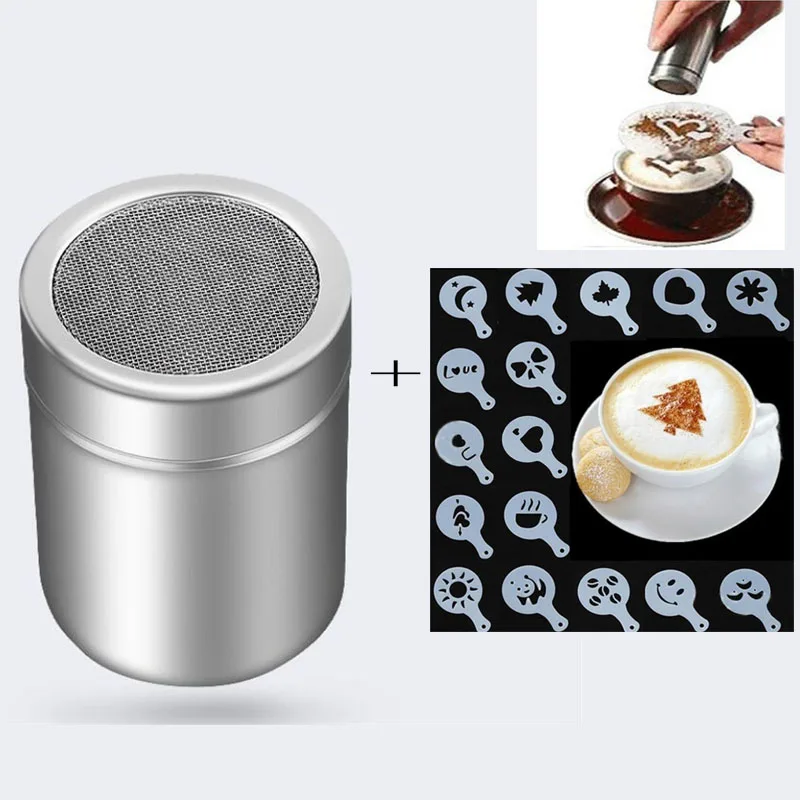 

Stainless Steel Chocolate Shaker Cocoa Flour Coffee Sifter + 16Pcs Coffee Stencils Template Strew Pad Duster Spray