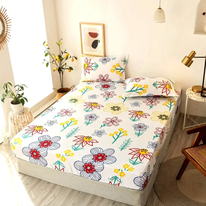 Polyester Fashion Print Fitted Sheet with Elastic Band Non Slip Mattress Cover Pillowcase for Single Double Bed 90/120/150/180cm 4