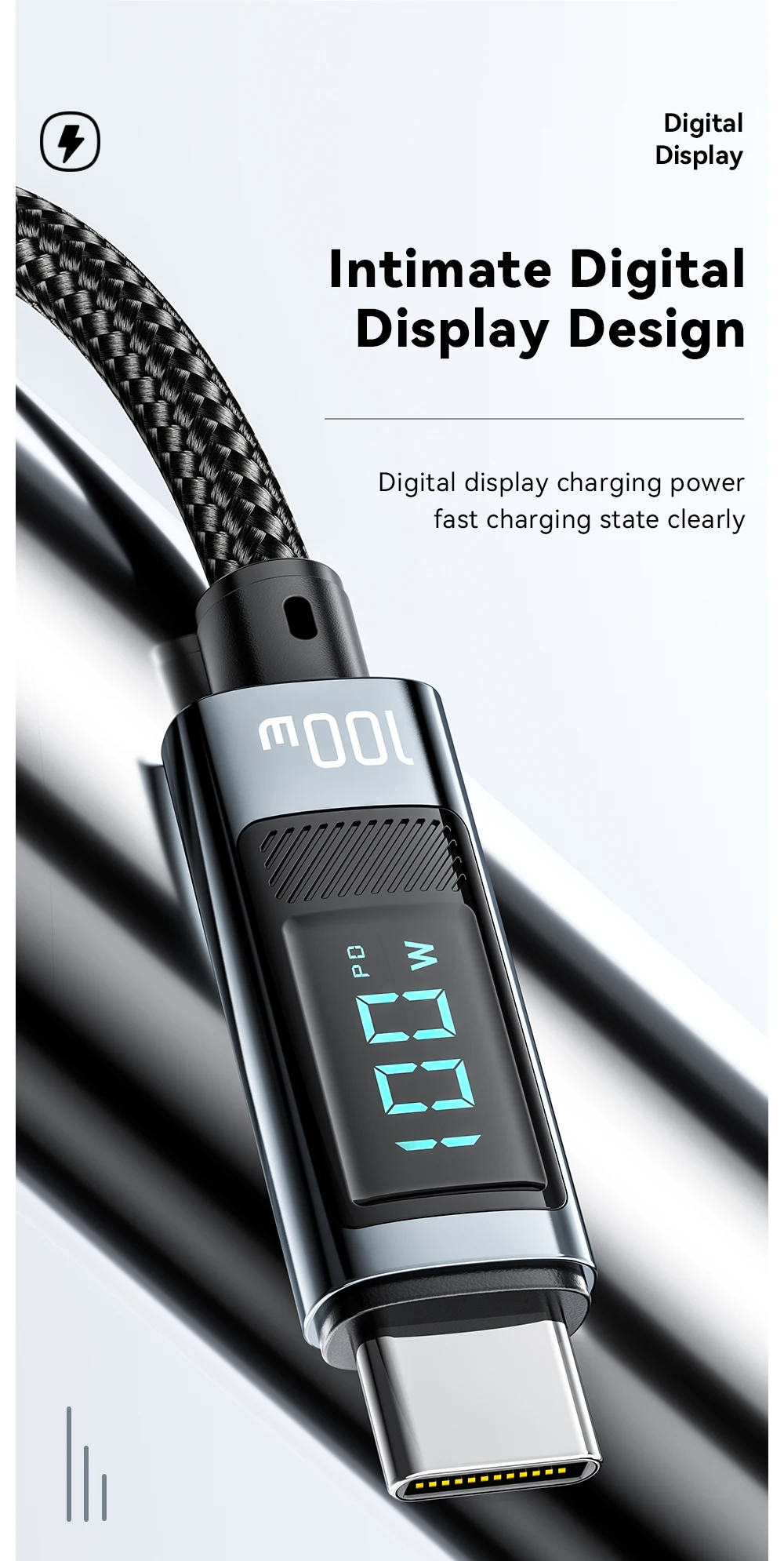 100W USB Type C Cable 90 ° LED Digital Display Cable 5A PD Fast Charging For iPh