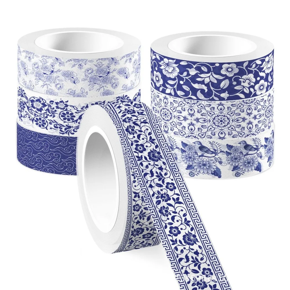 12 Roll/Set 1.5cm Wide Washi Tape Chinoiserie Design Adhesive Masking Tape Blue and White Porcelain Decor Stickers