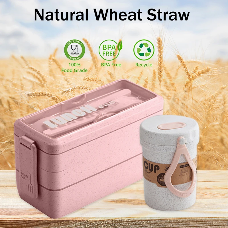 4Pcs/set Wheat Straw Lunch Box for Kids Japanese Microwaveable Bento Box  with Lunch Bag Tableware Food Storage Container