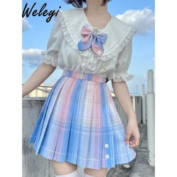 Kawaii Jirai Kei Uniform Skirt Suit Japanese Women 2024 Spring Cute Sweet Large Size Blue Long Sleeve Doll Collar Pleated Skirts
