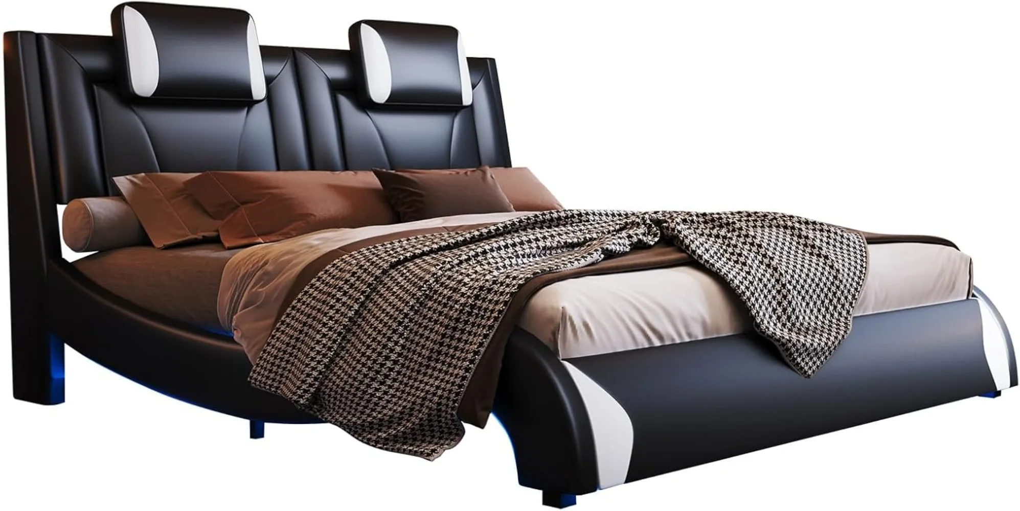 LED Bed Frame Full, Modern Faux Leather Upholstered Platform Bed, Wave Like Curve Design No Box Spring Needed, Black 6