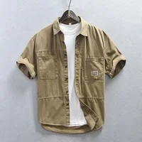 Casual Safari Style Outdoor Short Sleeve Shirt for Men 2023 Summer New Turn-down Collar Tops 100% Cotton Men's Clothing 1