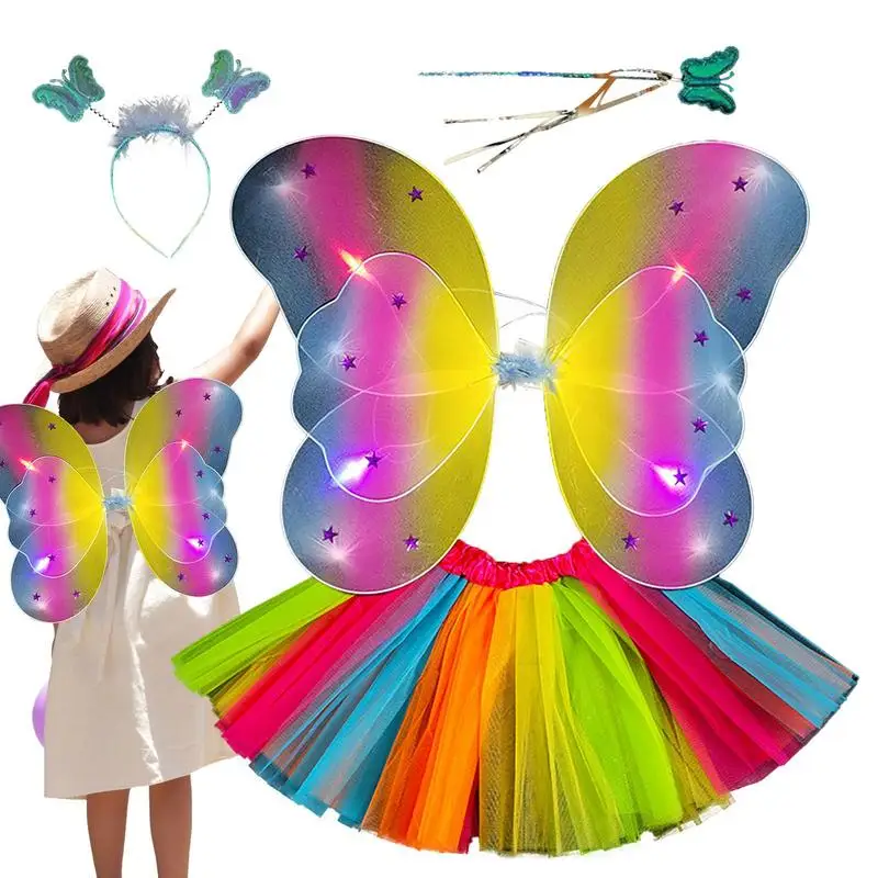 Fairy Outfits For Girls Butterfly Wand Cosplay Accessories With Lights 4 Pcs Children's Fairy CostumesDress Up Wings