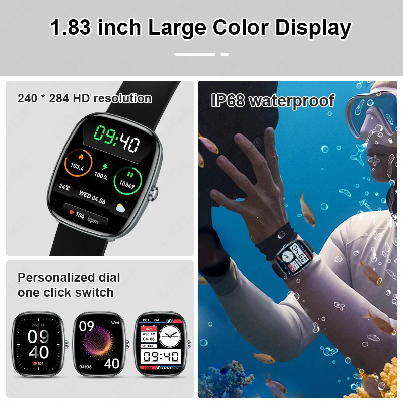 LIGE Fashion 1.83 inch HD Screen Smart Watch Women IP68 Waterproof Bluetooth Call Men Watches 24-hours Health Monitor Smartwatch