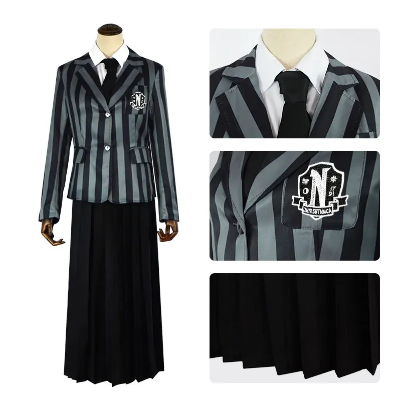 

Wednesday Cosplay Addams Costume Schoolgirl Nevermore College School Uniform Full Set Wig for Women Men Halloween Party RolePlay