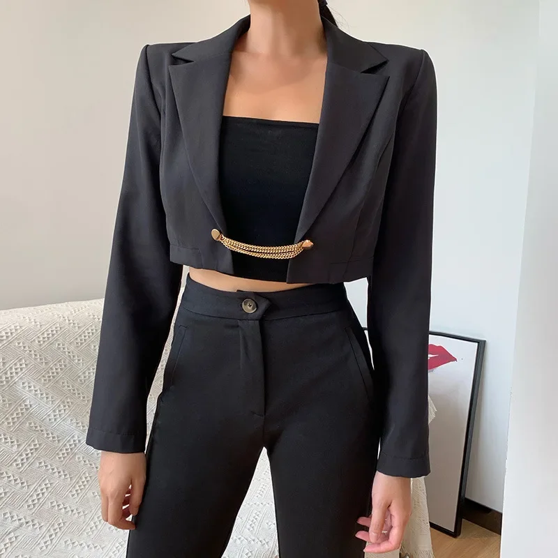 

Punk Style Women Blazers Casual Metal Chain Black Suit Vintage Autumn Long Sleeve Blazer Korean Fashion Streetwear Cropped Tops