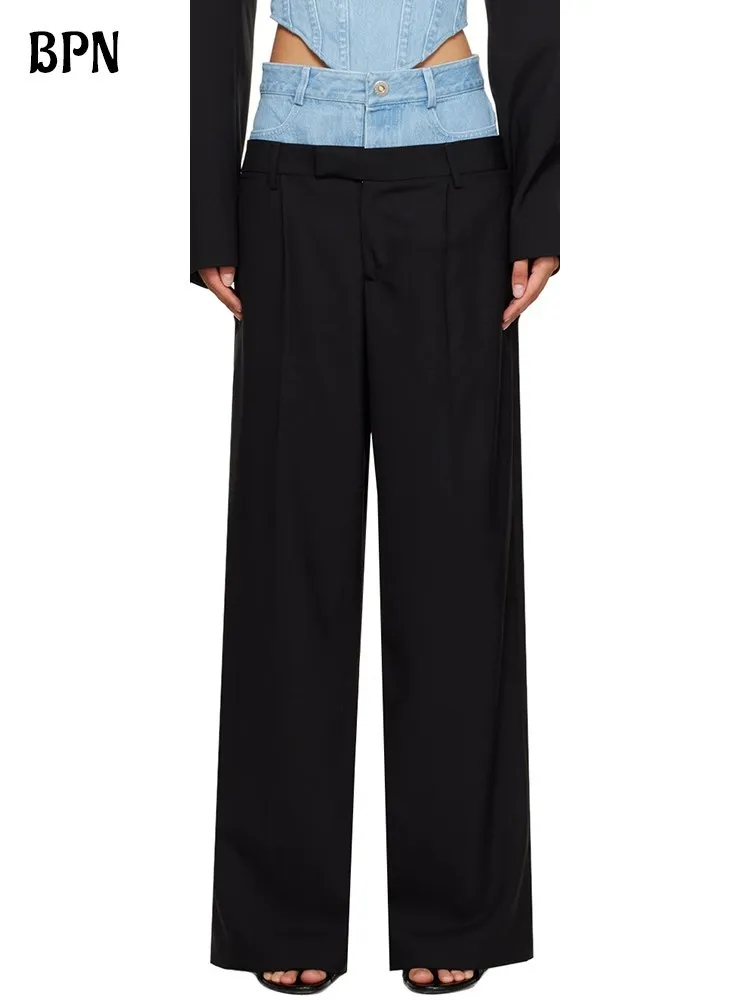 

BPN Streetwear Patchwork Denim Trousers For Women High Waist Hit Color Spliced Raw Hem Casual Slim Pants Female Fashion Clothing