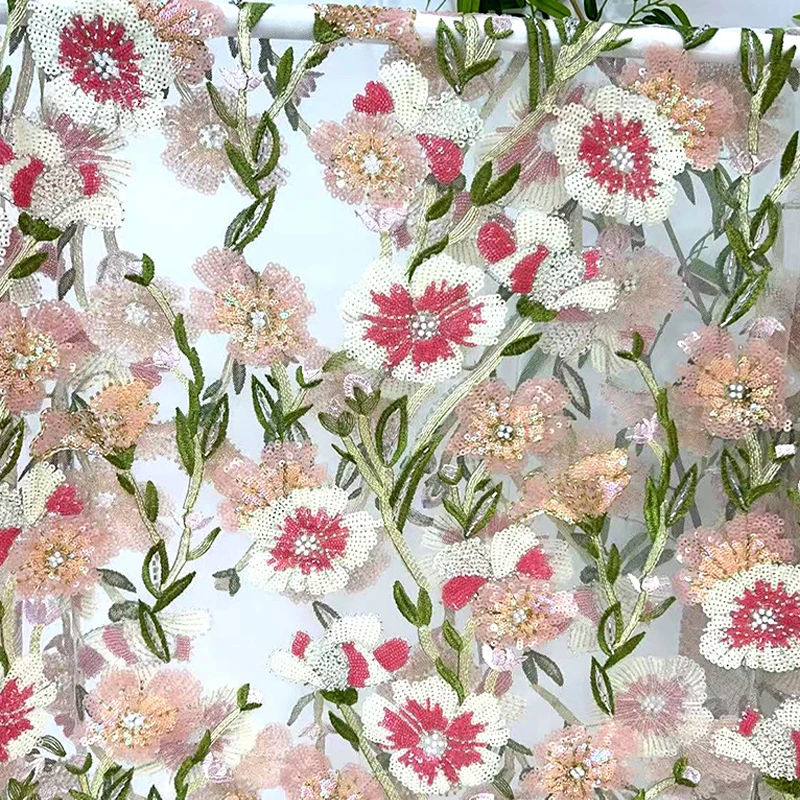 1 Yard Blumenperlen Stickerei Stoff Spitze Tüll Kleid Hochzeitskleid Stoff DIY Nähen Hochzeitskleid Kleidung Blumenstoff – Detail 8