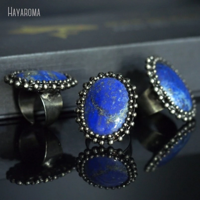 

10Pcs Wholesale Vintage Style Handmade Soldered Oval Shape Antique Silver Color Tin Lapis Lazuli Stone Ring RM48661