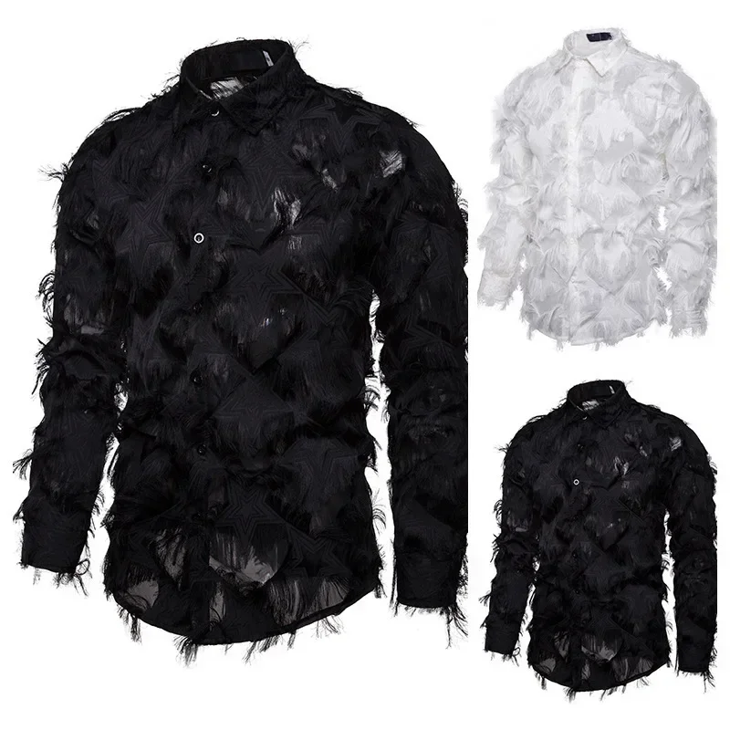 

Men's Fashion Shirt Handmade Stereo Feather Featured Henry Collar Long-sleeved Shirt Male Stand Collar Shirt Tops Clothing Man