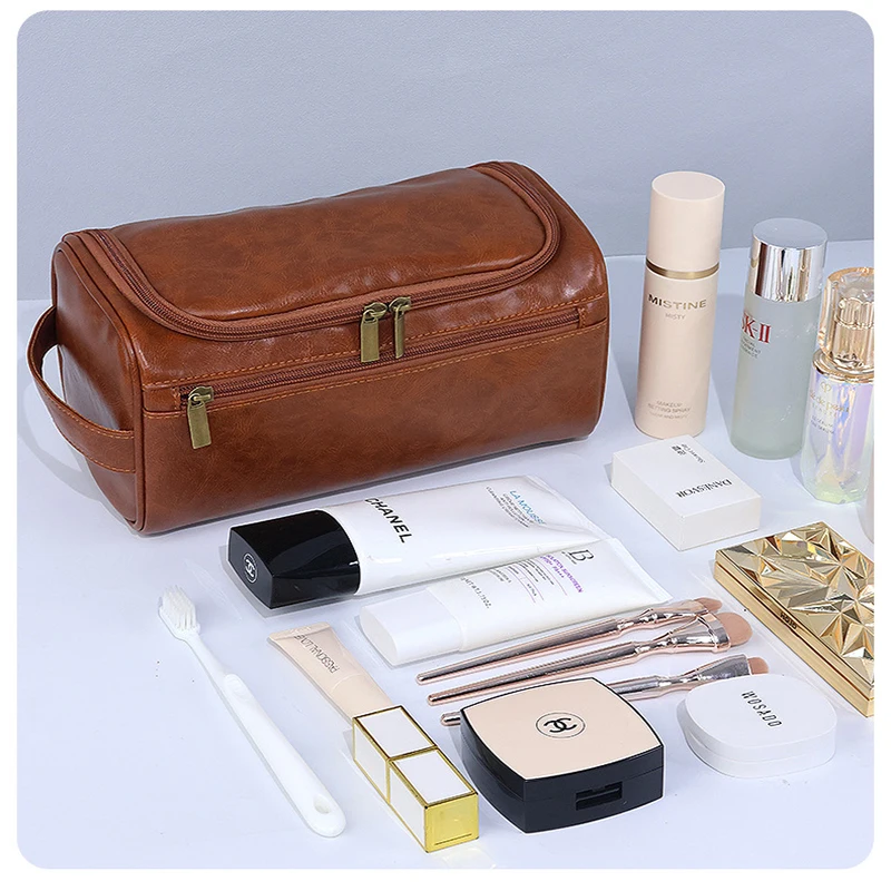 Leather Men Business Portable Toiletry Bag Hanging Toiletry Women Travel Large Storage Cosmetic Bag Waterproof Wash Pouch 4