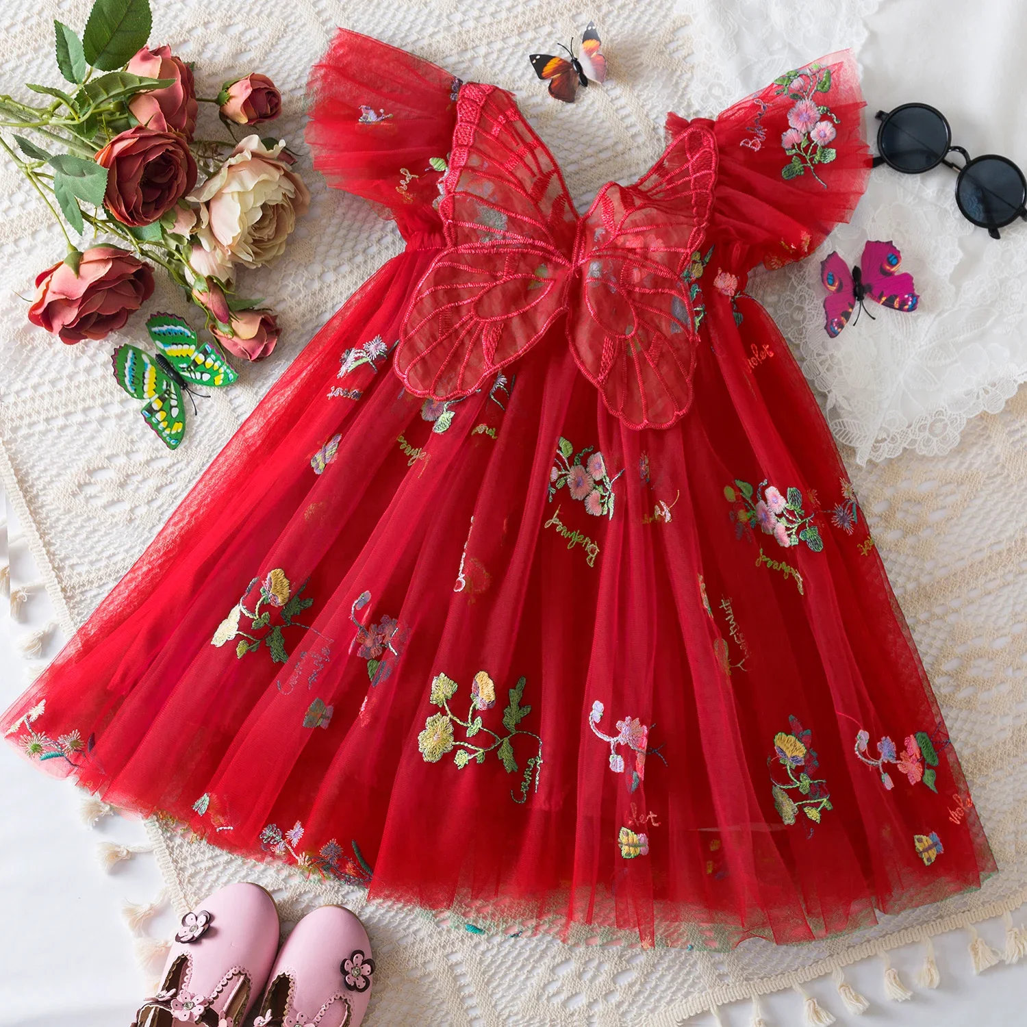thumbnail image 1 of Ropa navideña para niños pequeños, vestidos de tul para niñas pequeñas, sin mangas, con volantes, bordado, vestido de tutú con flores, vestido de cumpleaños de princesa, 1 of 4