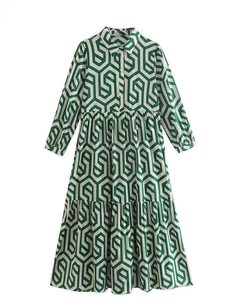 

New Women Vintage Geometric Print Pleats Casual Slim Midi Shirt Dress Female Chic Pleats Ruffles A Line Vestido Dresses