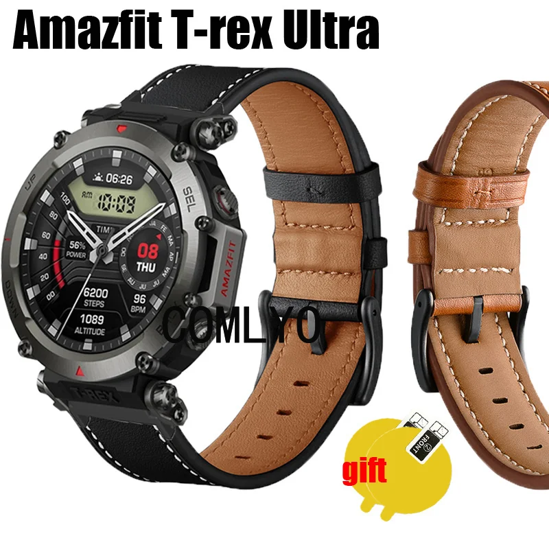 

For Amazfit T-rex Ultra Strap Bracelet Genuine Leather Band Wristband Screen Protector film