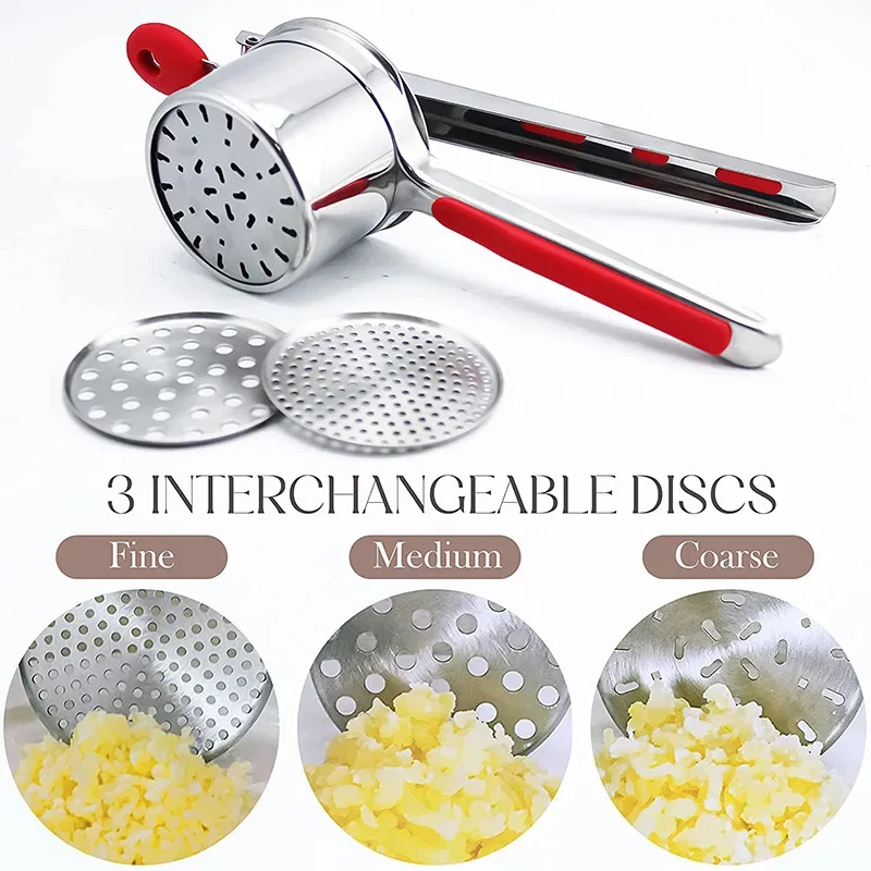 Stainless Steel Potato Ricer with 3 Interchangeable Fineness Discs Silicone Grip Handle Kitchen Tools Potato Press Masher