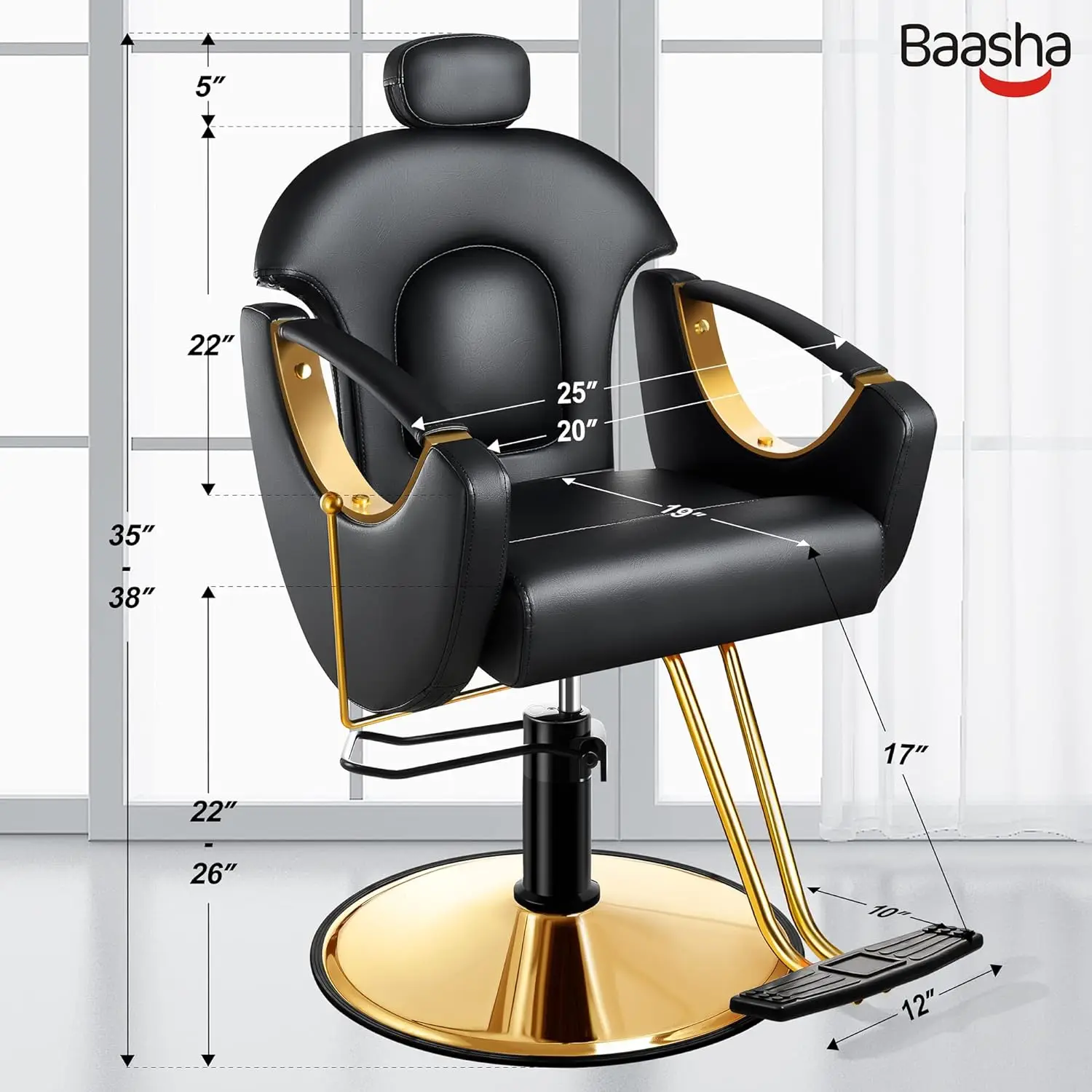 Baasha Barber Chair Reclining Hair Salon Chair, All Purpose Gold Salon Chair for Hair Stylist, 360 Degrees Rolling Swivel Styl