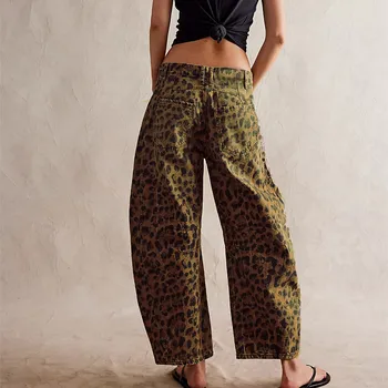 Women Leopard Barrel Jeans Y2k Cheetah Printed Baggy Boyfriend Jeans Mid Rise Wide Leg Denim Pants Horseshoe Jeans 3