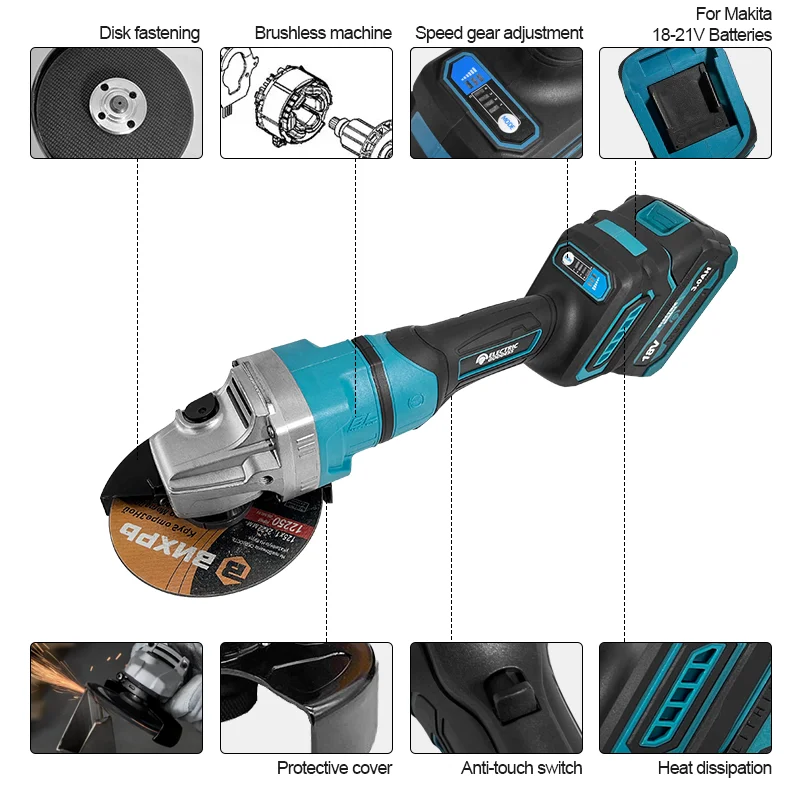 EGOD 10000RPM Cordless Angle Grinder 125mm Multifunctional Cutting Polishing Sanding Machine Power Tools for Makita 18V Battery