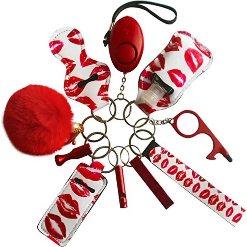 Keychain Set for Women Girls with Safety Alarm 11pieces Portable Key Chains Accessories Chapstick Hoder with Pompom Wristlet