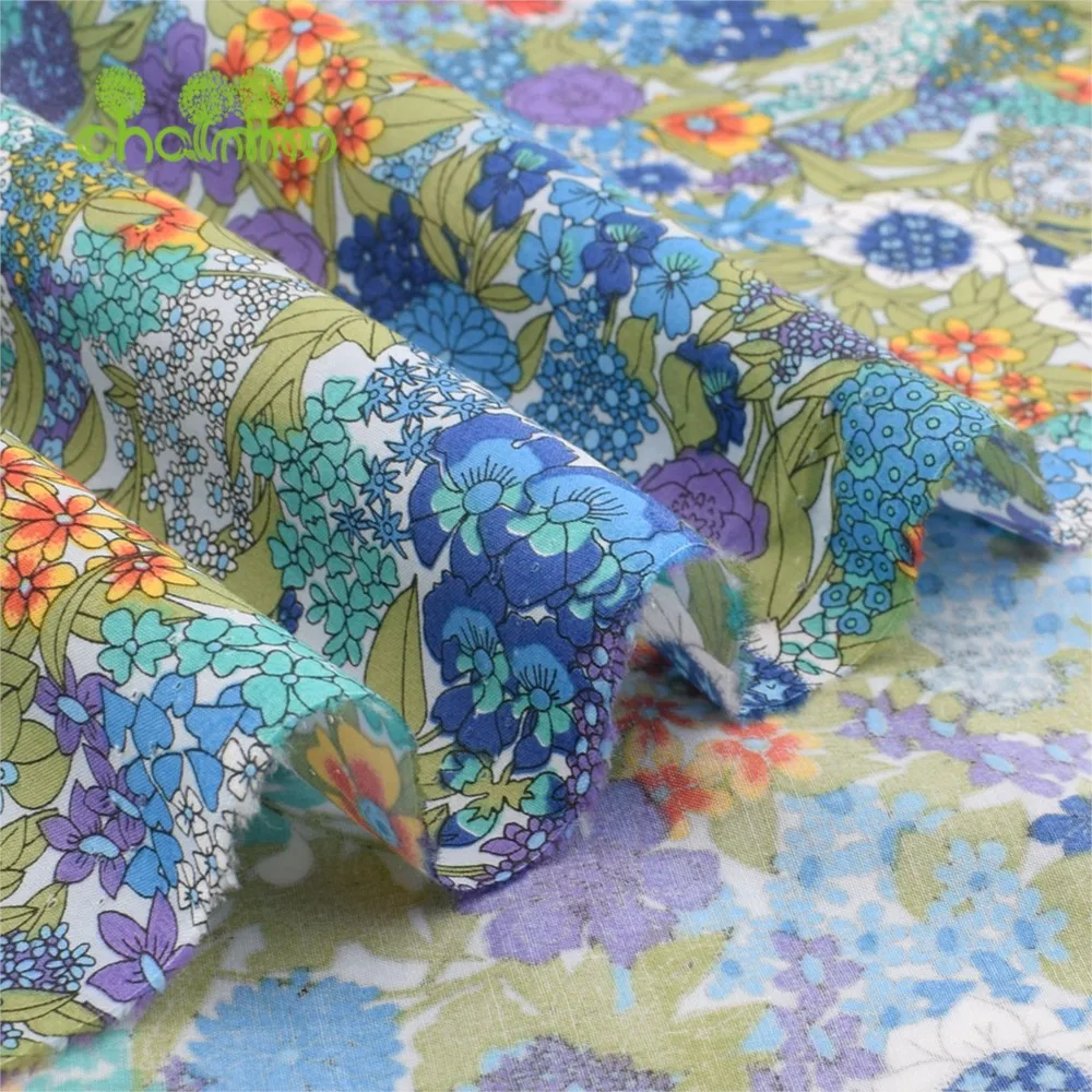 Chainho,Printed Plain Weave Poplin Cotton Fabric,DIY Quilting Sewing Material,Patchwork Cloth,Floral Series,3 Sizes,15PC40