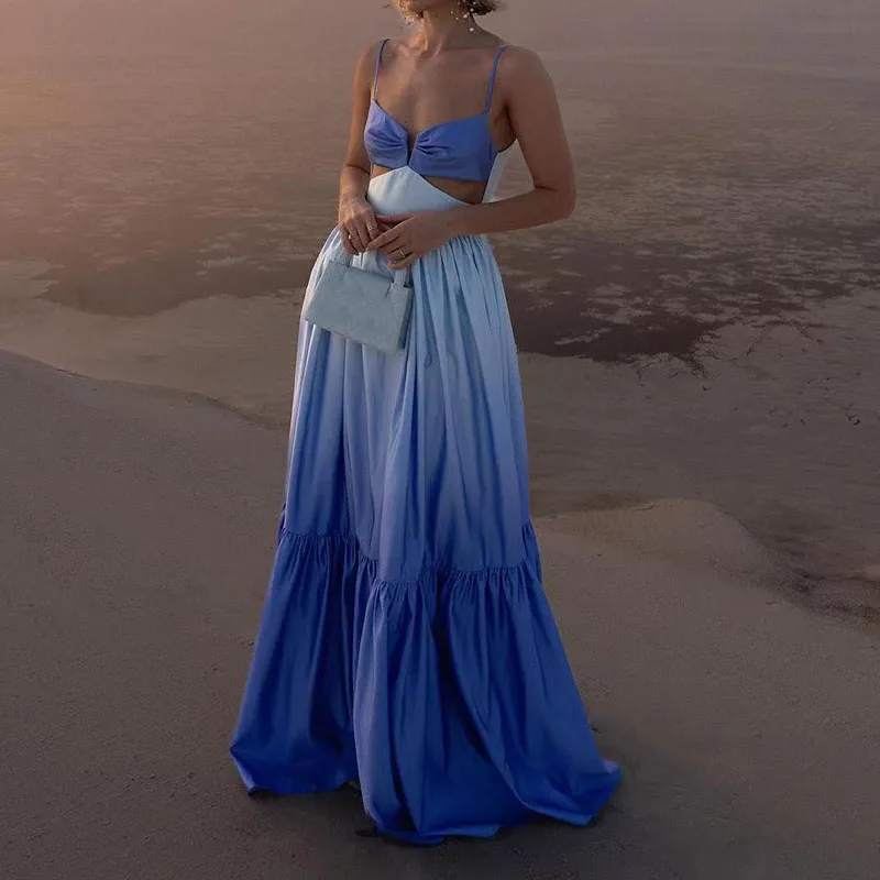 

Элегантное Длинное Платье градиентного цвета с широким подолом, 2024, женское сексуальное платье с глубоким V-образным вырезом, открытой спиной, на бретелях, модное платье с талией