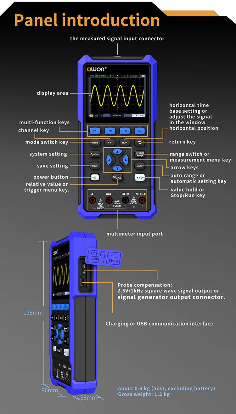 40MHz 70MHz Single Channel Simple 3-in-1 Handheld Digital Oscilloscope 250Msa/s+