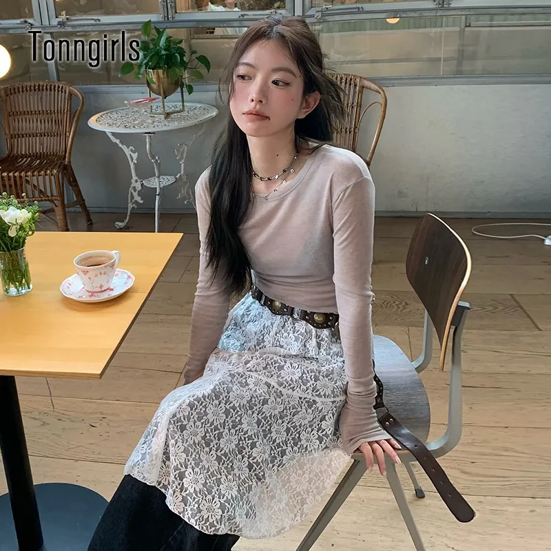 

Tonngirls Y2k Asymmetrical Lace Skirt Women Bottom All Season Collocation Korean Style New Knee-length High Waist Skirt 2000s