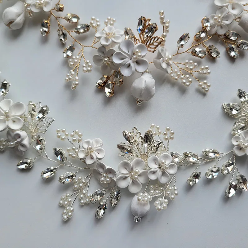 SLBRIDAL Handmade Alloy Flower Leaf Rhinestones Ceramic Flower Bridal Headband Wedding Headpieces Women Girls Hair Jewelry