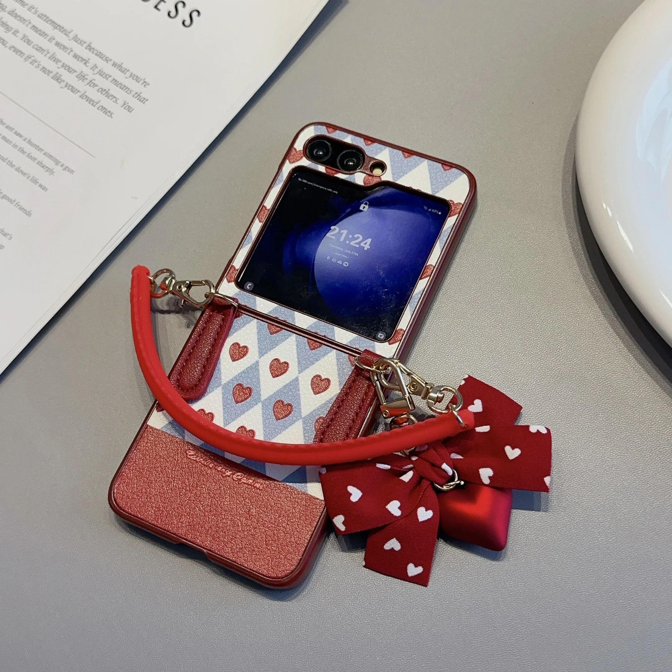 Unique Fashion Heart Bowknot Silicone Strap Leather Phone Case Cover