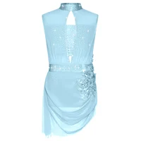 Kids Girls Gymnastics Ballet Dance Dress Sleeveless Sheer Mesh Shiny Rhinestones Tutu Dress for Figure Skating Dance Performance