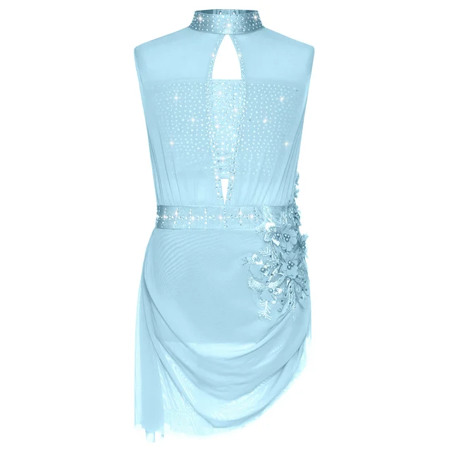 Kids Girls Gymnastics Ballet Dance Dress Sleeveless Sheer Mesh Shiny Rhinestones Tutu Dress for Figure Skating Dance Performance