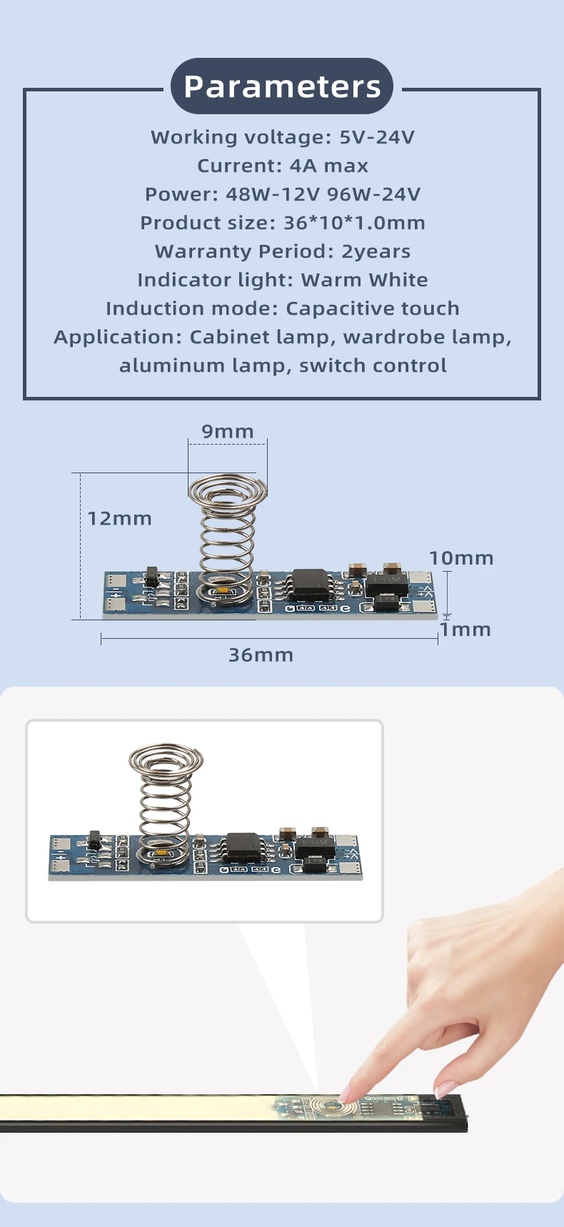 Description Picture 5 of itemTouch switch DC 12V 24V adjustable brightness controller suitable for home cabinet LED light strip